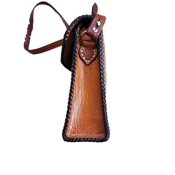 Vintage Crossbody Purse Handbag Brown Leather Tooled Whipstitch Gold Closure - Picture 8 of 15